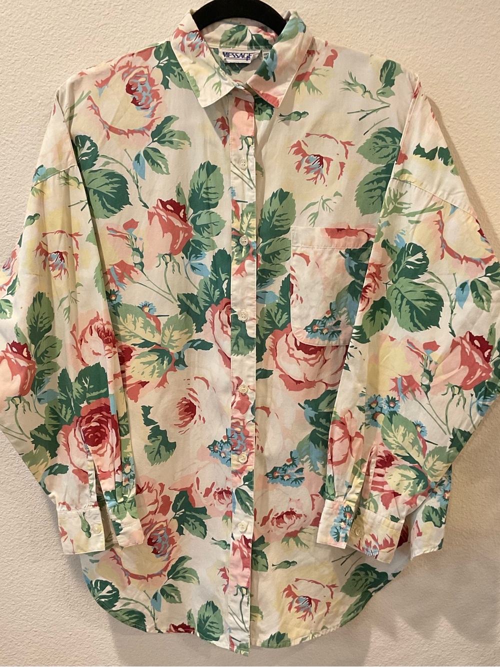 Message Vintage Floral Button-Up Shirt in Cream Rose Pink & Green
